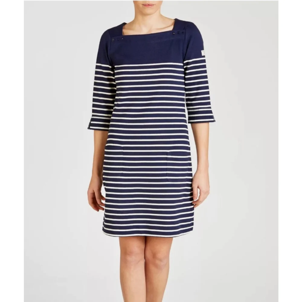 Joules Mariners Grade Navy Breton Striped Square Neck Dress Size 12 NWT